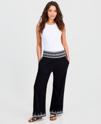 Petite Embroidered-Trim Wide-Leg Pants