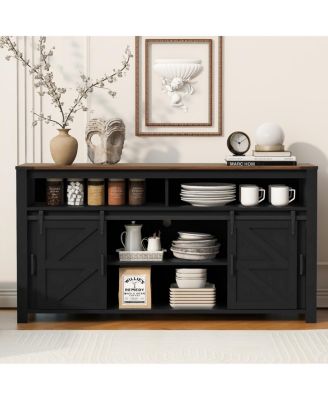 59.3" Farmhouse Barn Door Sideboard with Mesh Panels and Open Storage