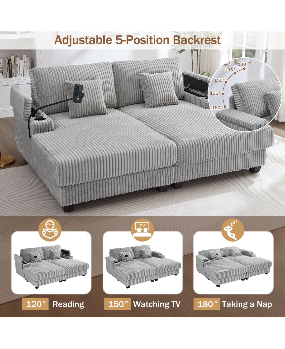 Streamdale Modern Chaise Sofa with Adjustable Backrest, Cup Holders, Phone Holder & Storage, Light Gray
