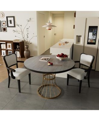 42" Round Dark Oak Dining Set with 2 Upholstered Chairs - Rustic-Modern Style