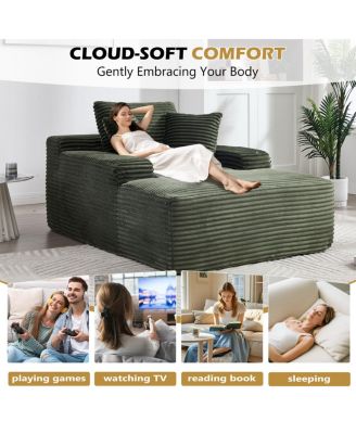 Streamdale Green Corduroy Chaise Lounge Sleeper Sofa with Pillows, No Assembly.