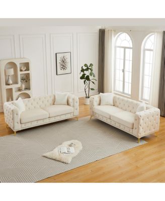 Velvet 3+3 Seater Sofa with Solid Wood Frame & Metal Feet