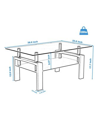  Rectangle Glass Coffee Table, Clear, Modern Side Center Table