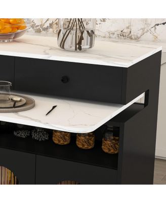  Kitchen Island Set with 4 Chairs, Extendable & Rotating Table, MDF Marble Veneer