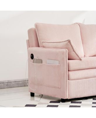 55" Convertible Sofa Bed with USB Ports, Modern Corduroy Couch, Pink