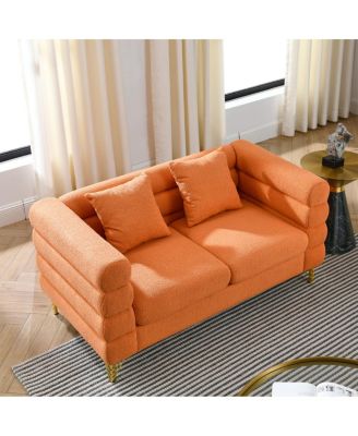 60Inch 2 Seater Sectional Sofa, Living Room Comfort Fabric, Deep Seating, Orange Teddy