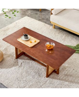  Solid Wood & Rattan Coffee Table for Living Room