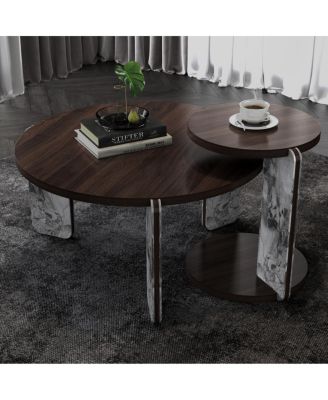 Modern Coffee Table with End Table Set, Durable Walnut Veneered MDF 83cm Center Table with 43cm Side Table