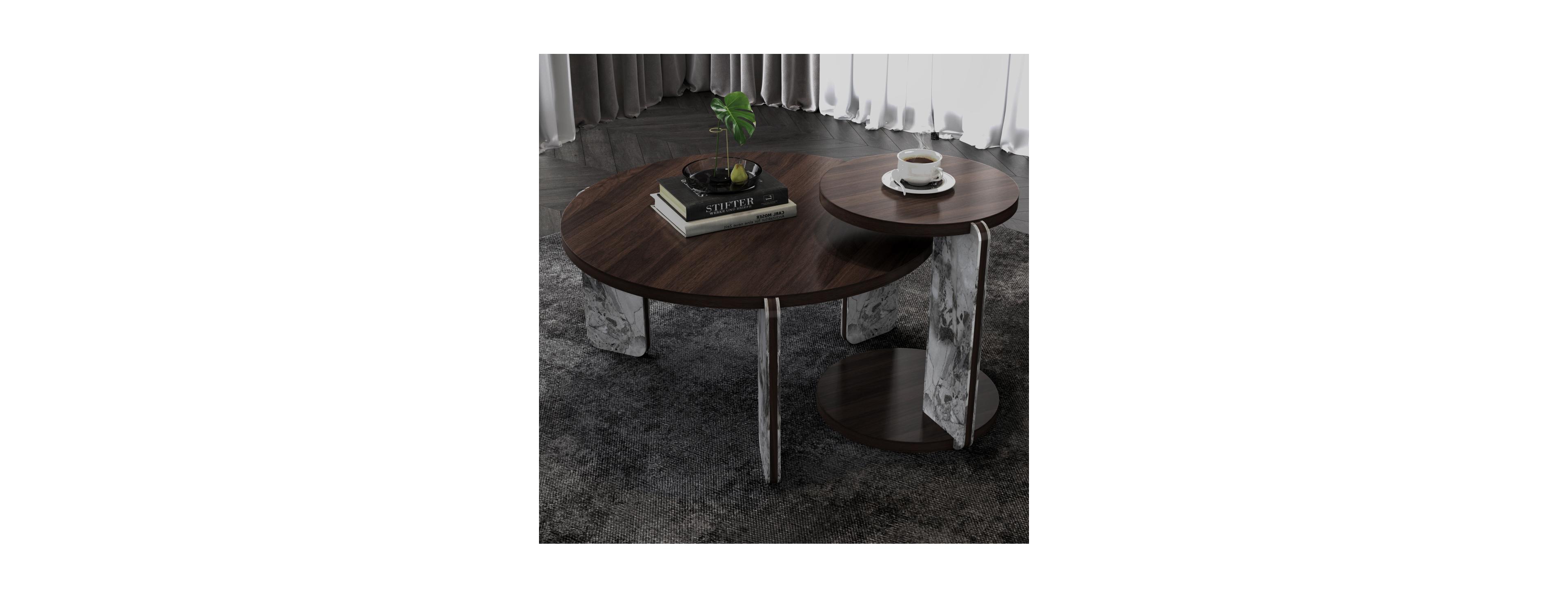 Streamdale Furniture Modern Coffee Table with End Table Set, Durable Walnut Veneered Mdf 83cm Center Table with 43cm Side Table