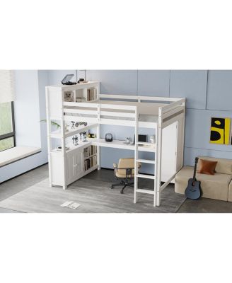 Wood Loft Bed with Cabinet, Bookshelf & Desk