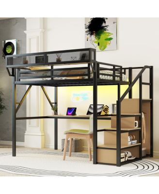 Full Loft Bed with Desk, Stairs & Charging Station, Black