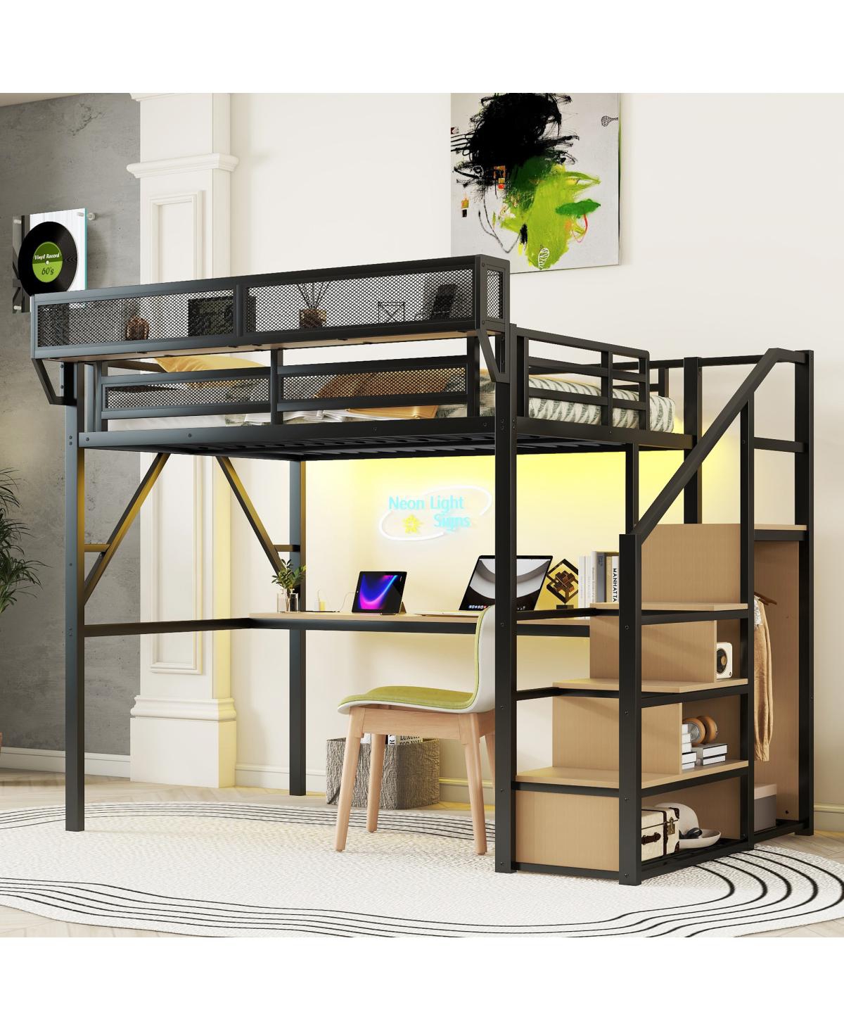 Streamdale FurnitureFurniture Full Loft Bed with Desk, Stairs & Charging Station, Black