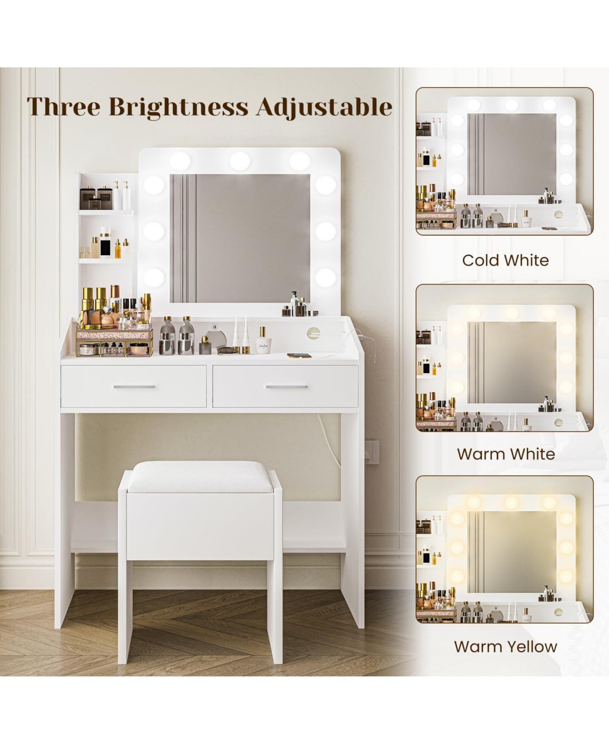 gaomon Vanity Desk with Mirror and Lights, Makeup Vanity with Power Outlet