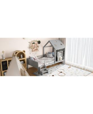 Twin House Bed with Stairs, Window, Bookcase, Blackboard, Star Roof