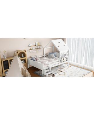 Full House Bed with Low-Profile Stairs, Window, Bookcase, Blackboard, Star Roof