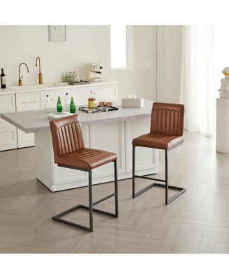 Faux Leather Bar Stool - 26-Inch Tufted, Black Metal Frame (2 Sets)