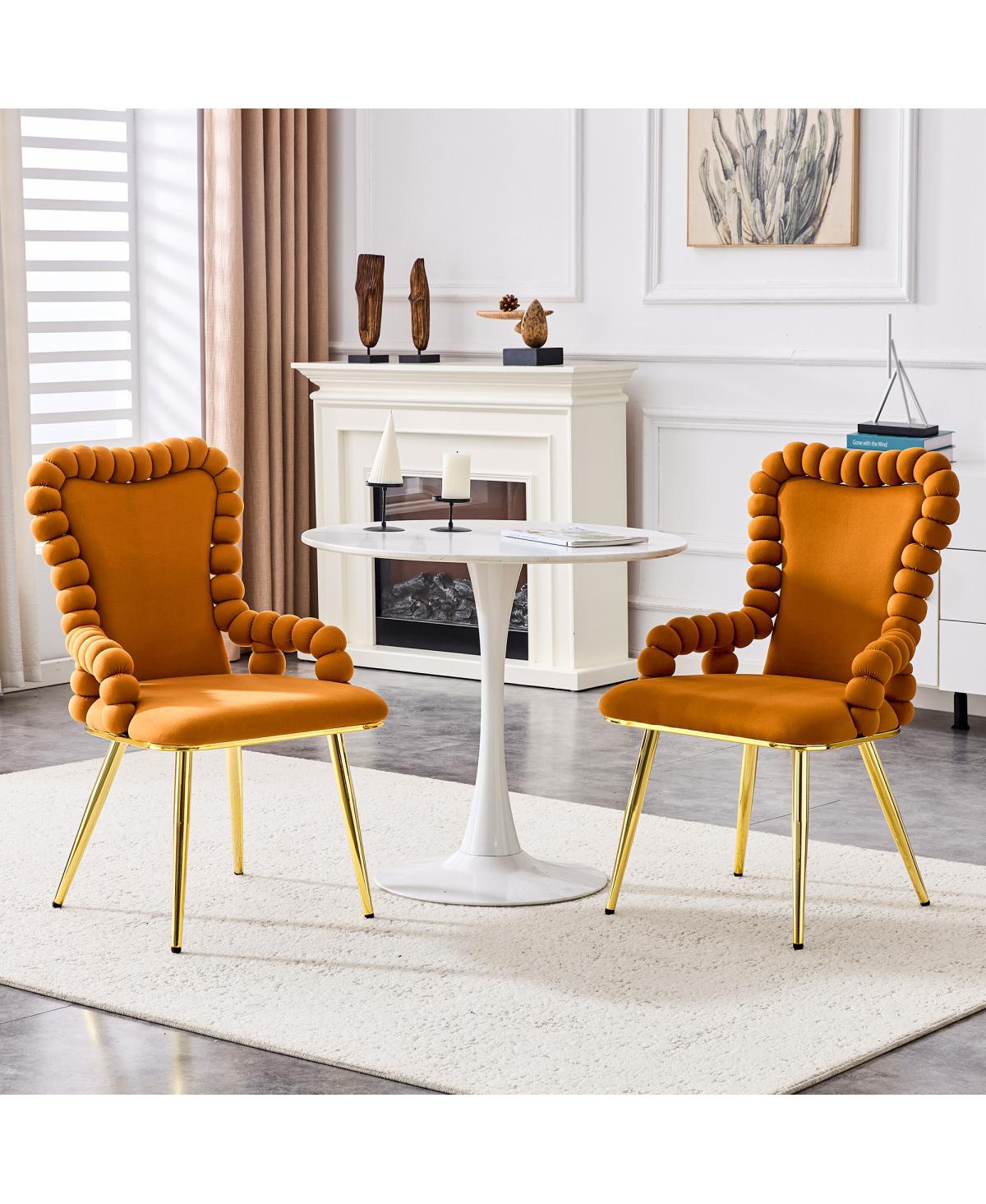 Streamdale Furniture Set of 2 Orange Puffy Bubble Chairs with Gold Legs, Velvet Dining Chairs