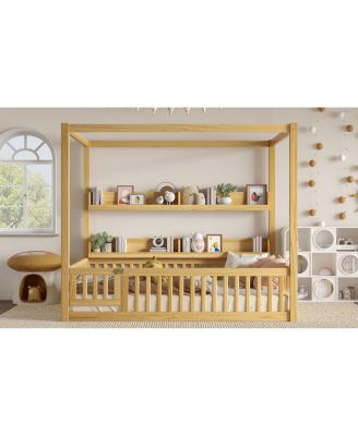 Canopy Bed with Guardrails & Shelves, Montessori Floor Bed Frame
