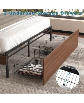 Wooden Queen Farmhouse Bed Frame with Bookcase, Storage Drawers & LED Headboard