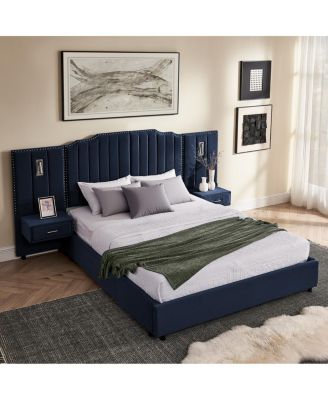 Queen Size Velvet Upholstered Bed Frame with Vertical Stripes