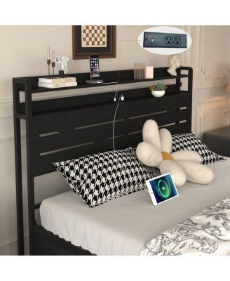 Queen-size bed frame with storage headboard, 12 drawers, LED lights