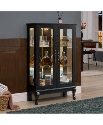 Curio Cabinet with Glass Doors, Lighted Display, Mirrored Back, Adjustable Shelves - Black