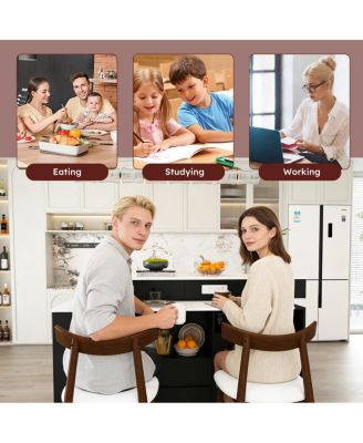 Kitchen Island Set with 2 Chairs, Extendable & Rotating Table, Marble Veneer, 4 Drawers & Cabinets