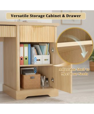 55" Modern Fluted Office Desk with Storage, Drawers, Power Outlet & Shelves