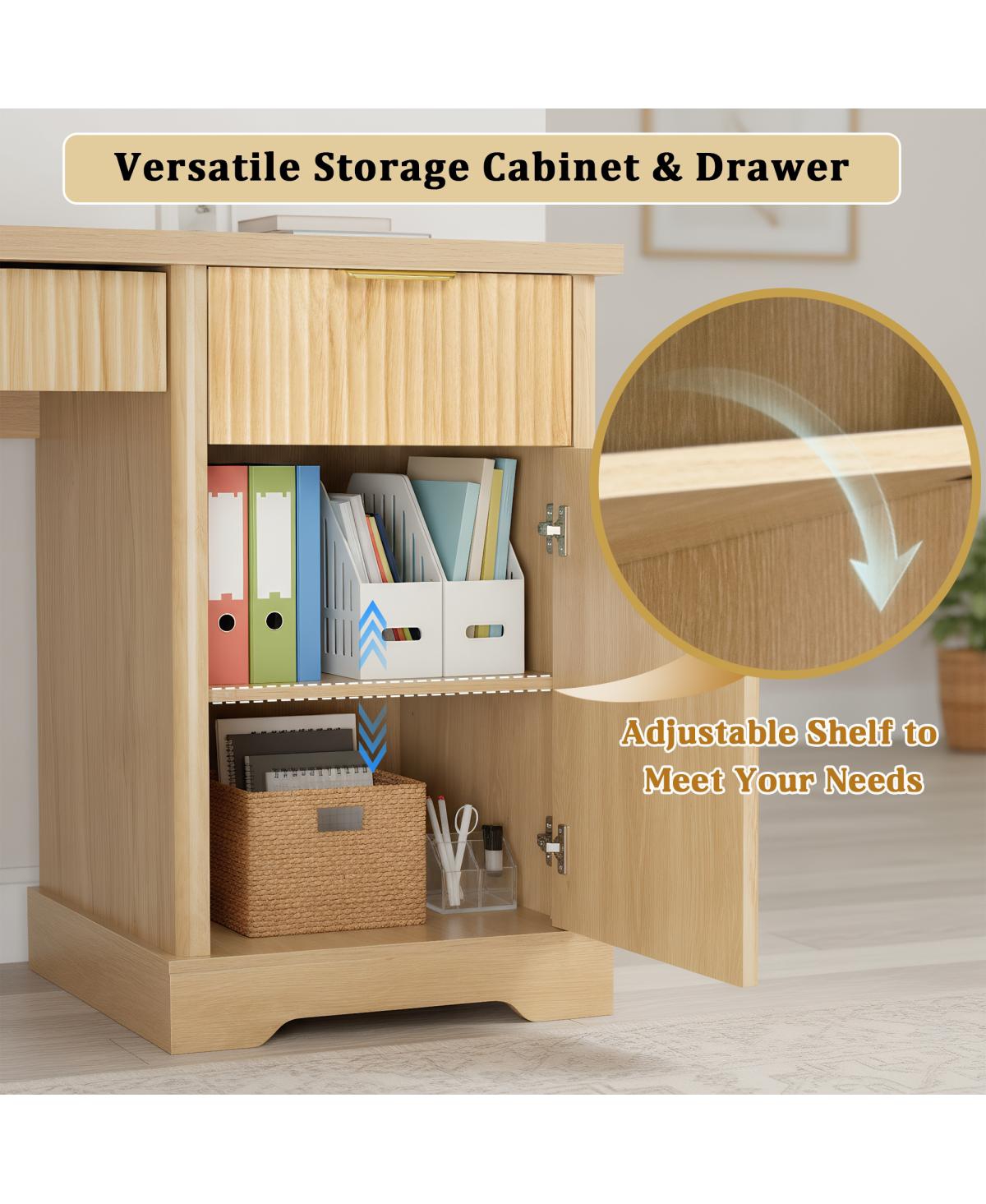 Streamdale Furniture 55" Modern Fluted Office Desk with Storage, Drawers, Power Outlet & Shelves