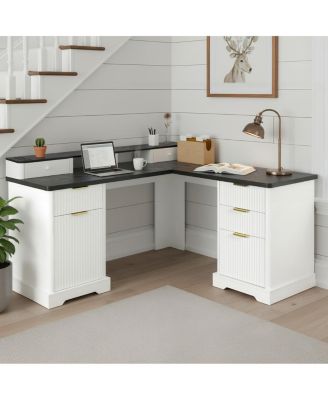 Modern Fluted L-Shaped Desk with Charging Station & Storage