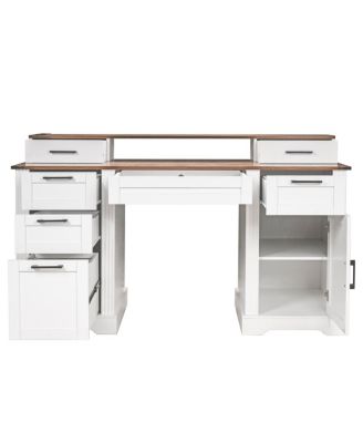 Farmhouse Office Desk with Charging Station & Storage Cabinet