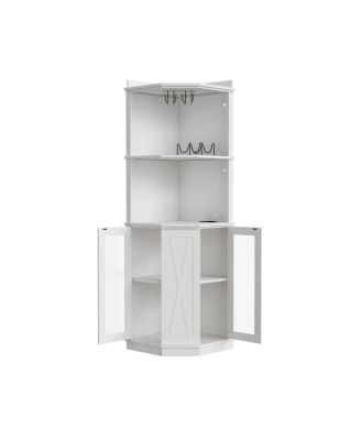 67.3" Farmhouse Corner Bar Cabinet with Power Outlet, Lights & Glass Rack