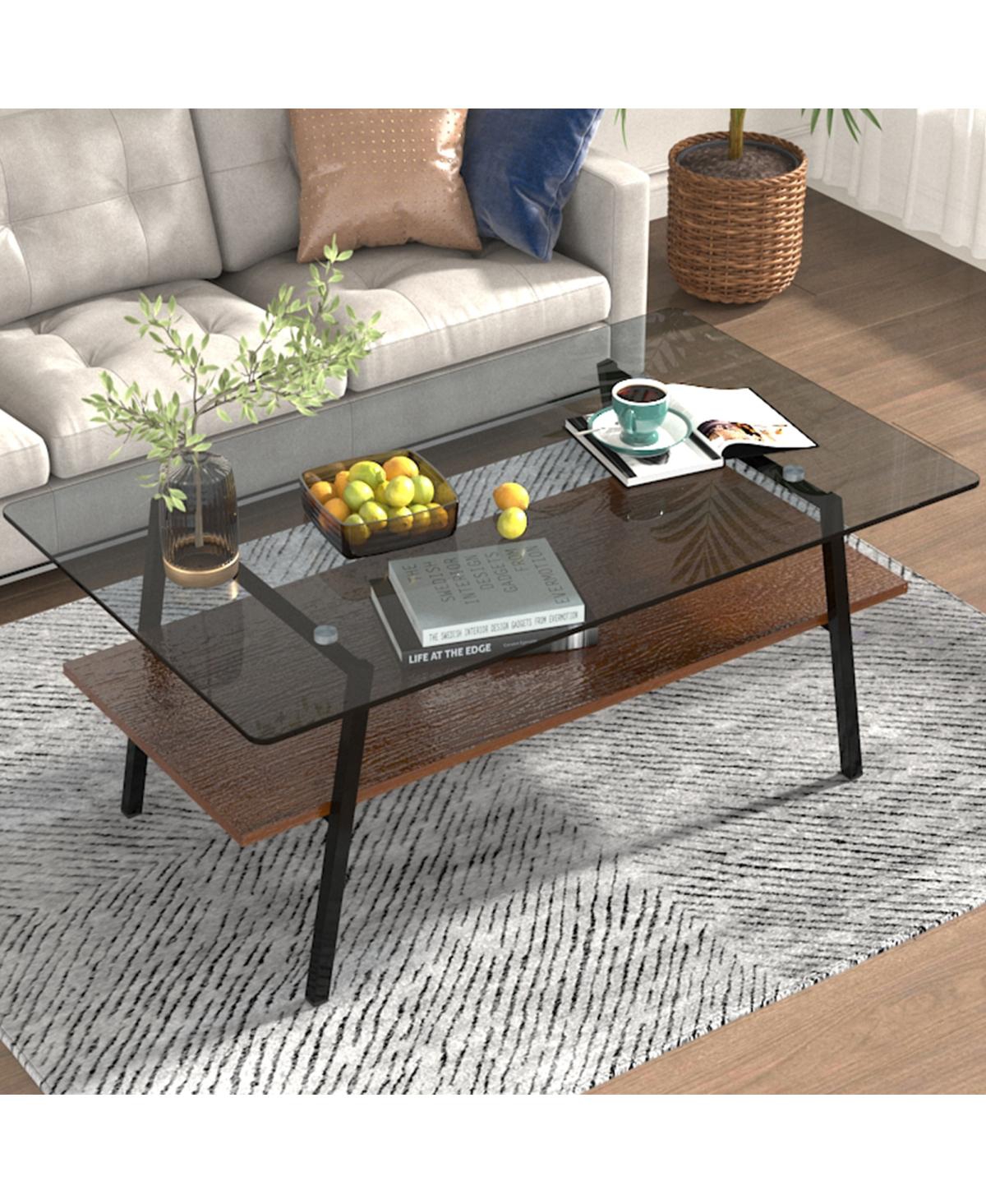 Streamdale Furniture Rectangle Coffee Table, Tempered Glass, Black Metal Legs, Modern Living Room