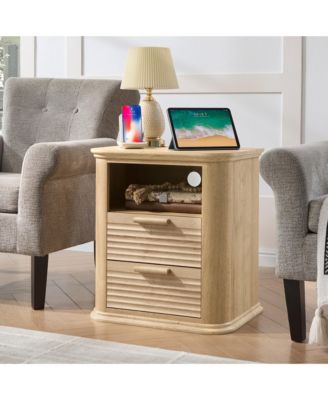 22" Fluted Nightstand with Charging Station, Modern Bedside Table with 2 Drawers and Open Storage for Living Room, Bedroom