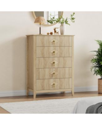 43" Tall Fluted Dresser, 5 Drawer Modern Wood Storage Chest for Living Room or Entryway