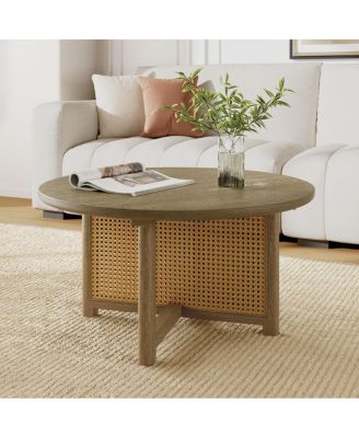 32" Rattan Coffee Table, Round Rattan Woven Wood Coffee Table