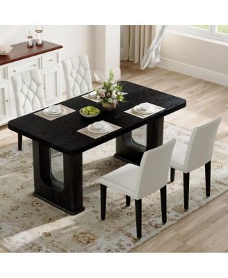 Furniture Stylish Black Wood Textured Dining Table and 4 White PU Chairs Set.