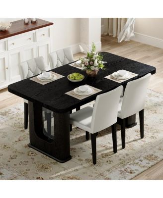 Furniture Stylish Black Wood Textured Dining Table and 4 White PU Chairs Set.