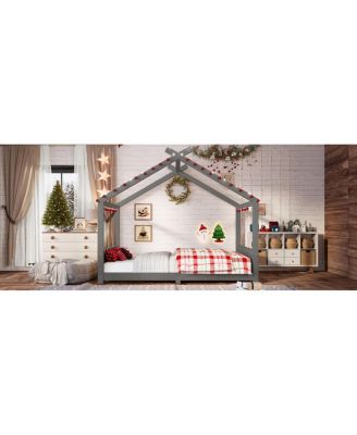 Full House Floor Bed with Support Slats, Solid Wood House Bed Frame for Kids, Gray