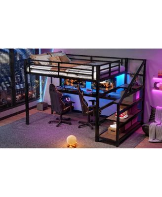 Full Loft Bed with Desk, Storage Stairs, LED Lights & USB Ports
