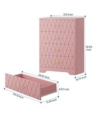 4-Drawer Wooden Dresser for Bedroom, Tall Chest of Drawers with Gold Handles & Storage, Pink