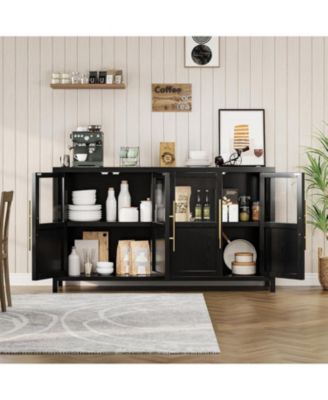 55" Buffet Cabinet with 4 Glass Doors, Modern Farmhouse Sideboard with Storage, Black