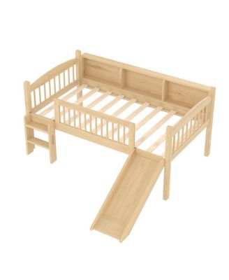 Loft Bed with Storage Shelves, Solid Wood, LED Lights, Guardrails