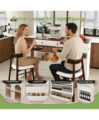 Kitchen Island Set with 2 Chairs, Extendable Rotating Table, 4 Drawers & Cabinets
