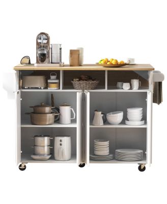 Streamdale  Furniture 55.5" Fluted Kitchen Island with 2 Drop Leaf, Storage Cart, Power Outlet, 4 Doors, Spice Rack, Rolling Table