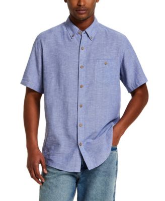 Men's Short-Sleeve Button Down Linen Cotton Vertical Dobby Striped Shirt