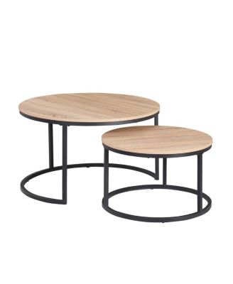 Round Nesting Coffee Table Set, 31.5" Oak & Metal, Modern Industrial Accent Furniture.