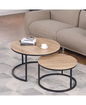 Round Nesting Coffee Table Set, 31.5" Oak & Metal, Modern Industrial Accent Furniture.