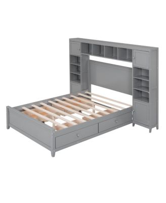 Full Size Wooden Bed With All-in-One Cabinet and Shelf