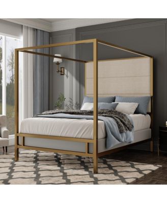 Modern Canopy Bed with Linen Upholstered Headboard